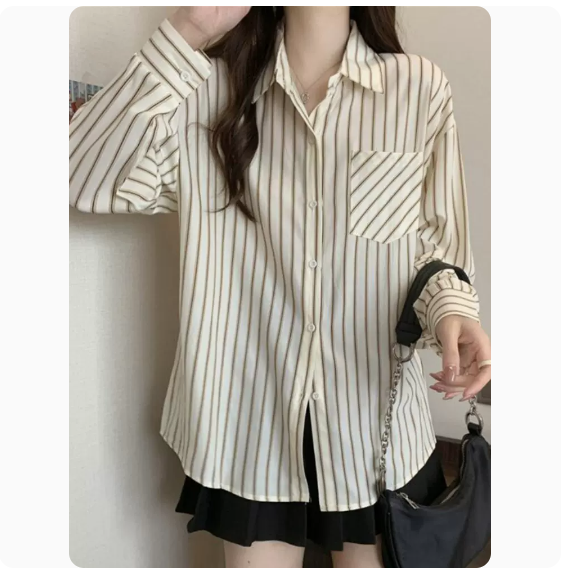 Vertical Stripe Long Sleeve Shirt (Off-White Size: S-3XL) (Please contact customer service to confirm the shipping size after placing an order)