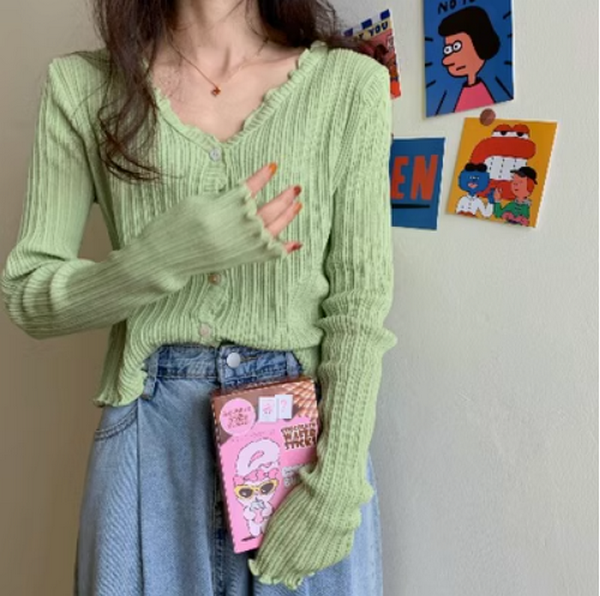 Long Sleeve Knit Slim Cardigan V-Neck Casual Cropped (Mint Green) (Size: One Size)
