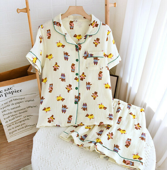 Summer Short Sleeve Shorts Cardigan Pajama Set (LJ Sports Bear - Crepe Lapel) [M-XL Size] [Contact Customer Service to Confirm Shipping Size After Placing an Order]