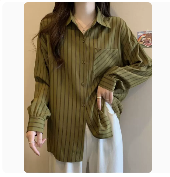 Vertical Stripe Long Sleeve Shirt (Mustard Green Size: S-3XL) (Please contact customer service to confirm the shipping size after placing an order)