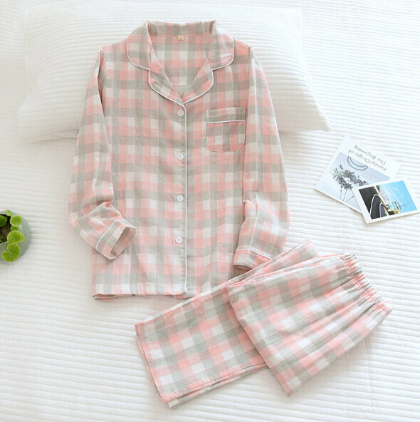 Plaid long-sleeved pajama set powder (pink gray) [M-XL size] [Contact customer service to confirm the shipping size after placing an order]