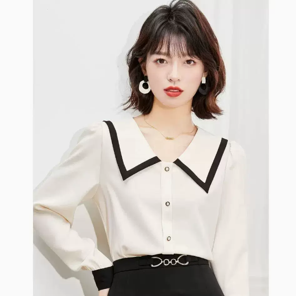 Doll Neck Long Sleeve Chiffon Shirt (Black Size: S-3XL) (Please contact customer service to confirm the shipping size after placing an order)