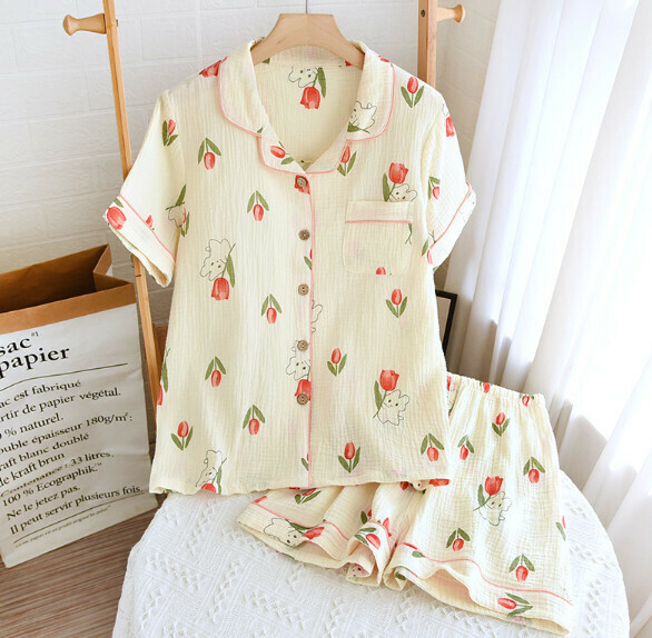 Summer Short Sleeve Shorts Cardigan Pajama Set (LJ Tulip Bunny - Crepe Lapel) [M-XL Size] [Contact Customer Service to Confirm Shipping Size After Placing an Order]