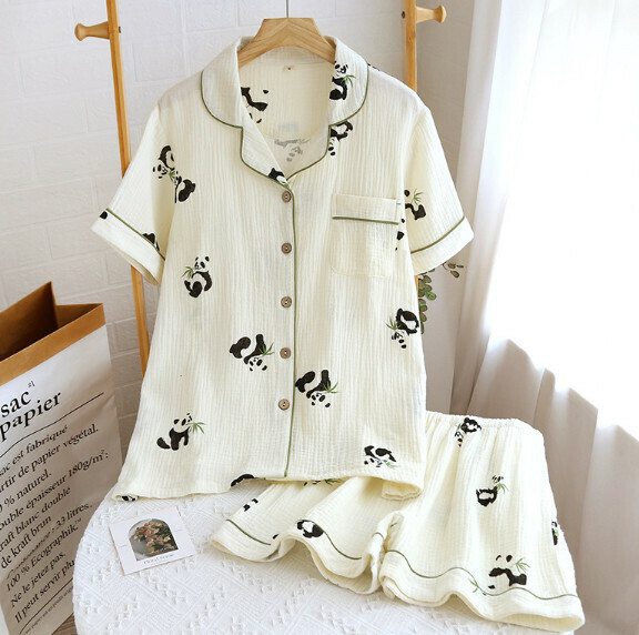 Summer Short Sleeve Shorts Cardigan Pajama Set (LJ Panda - Crepe Lapel) [M-XL Size] [Contact Customer Service to Confirm Shipping Size after Placing an Order]
