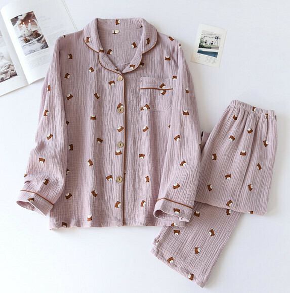 Spring and summer long-sleeved cotton gauze crepe pajama set (LH purple bear) [M-XL size] [Contact customer service to confirm the shipping size after placing an order]