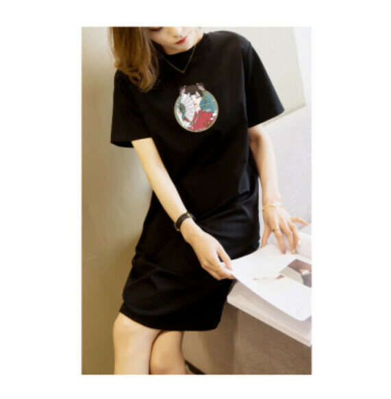 Midi Loose Slim T Dress [6Q830 Black Girl] (M-3XL size) (Contact customer service to confirm size after placing an order)