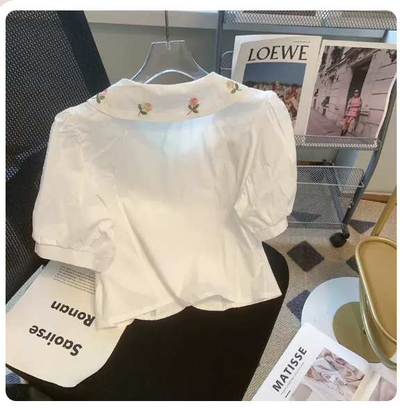 Solid color puff sleeve cropped shirt (white size: S-3XL) (please contact customer service to confirm the shipping size after placing an order)