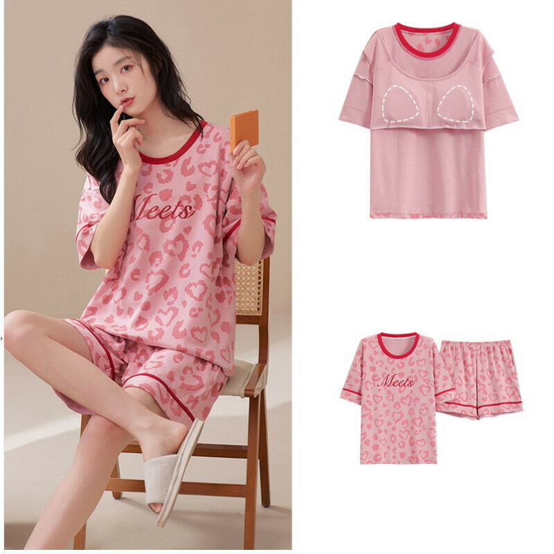 Cotton short-sleeved shorts pajama set with chest pad [M-XXL SF-58008] [Contact customer service to confirm the shipping size after placing an order]