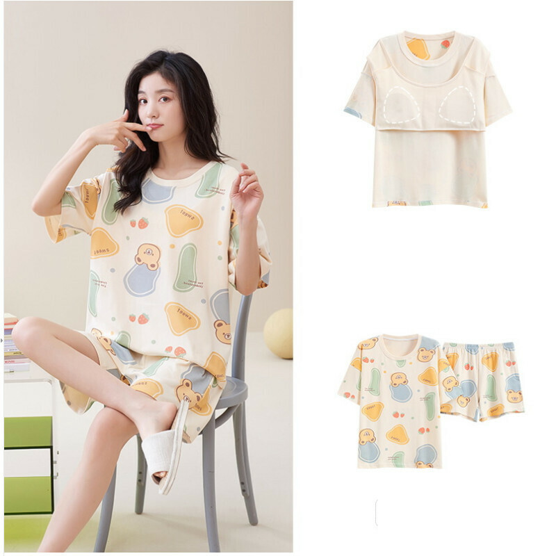 Cotton short-sleeved shorts pajama set with chest pad [M-XXL SF-58009] [Contact customer service to confirm the shipping size after placing an order]