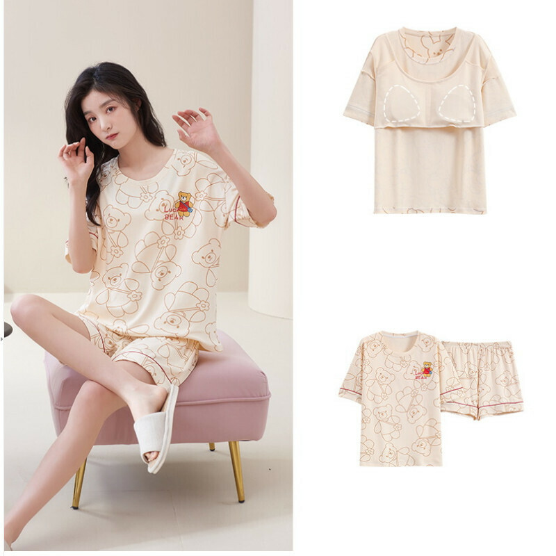 Cotton short-sleeved shorts pajama set with chest pad [M-XXL SF-58012] [Contact customer service to confirm the shipping size after placing an order]