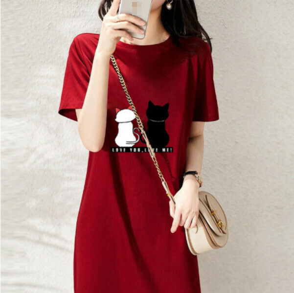 Mid-length loose and thin T dress [6Q383 burgundy two cats] (M-3XL size) (Contact customer service to confirm the size after placing an order)