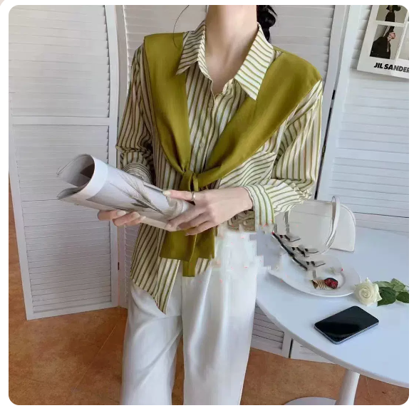 熱賣寬松假兩件長袖襯衫(綠色條紋 尺碼:S-3XL)(下單後請聯絡客服確認發貨尺碼)