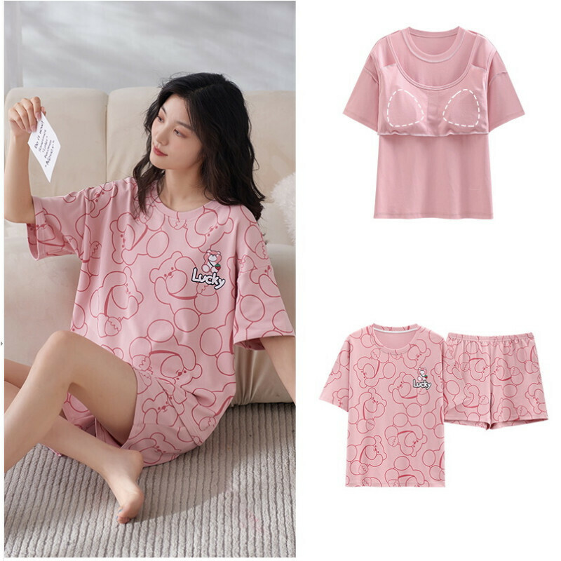 Cotton short-sleeved shorts pajama set with chest pad [M-XXL SF-6201] [Contact customer service to confirm shipping size after placing an order]