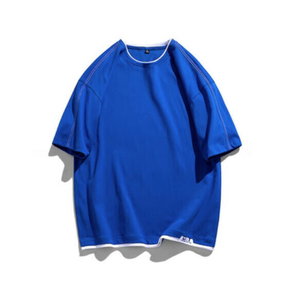 Fake two-piece stitching short-sleeved T (color blue) [M-4XL size] [Contact customer service to confirm the shipping size after placing an order]