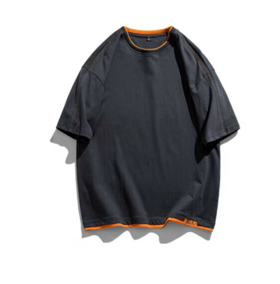 Fake two-piece stitching short-sleeved T (dark gray) [M-4XL size] [Contact customer service to confirm the shipping size after placing an order]