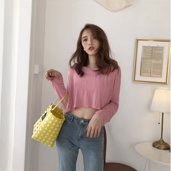 Cropped Loose Fit High-Waisted Waistless Long Sleeved T-Shirt (Pink) (Size: One Size)