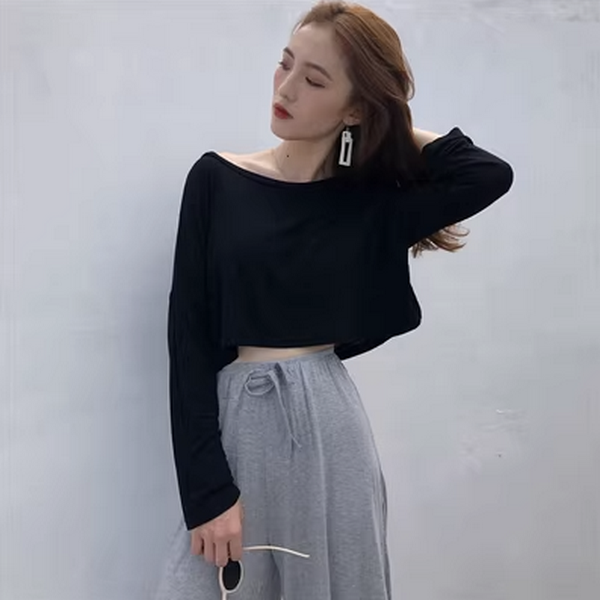 Cropped Loose Fit High-Waisted Waistless Long Sleeve T-Shirt (Classic Black) (Size: One Size)
