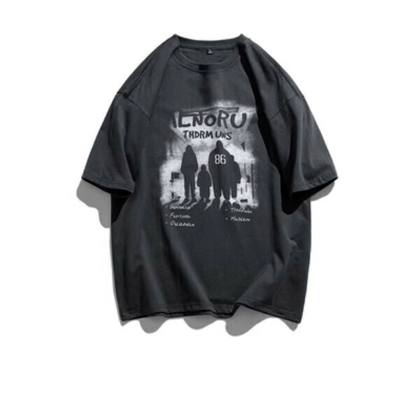 Vintage graffiti print short sleeve T (dark gray) [M-4XL size] [Contact customer service to confirm the shipping size after placing an order]