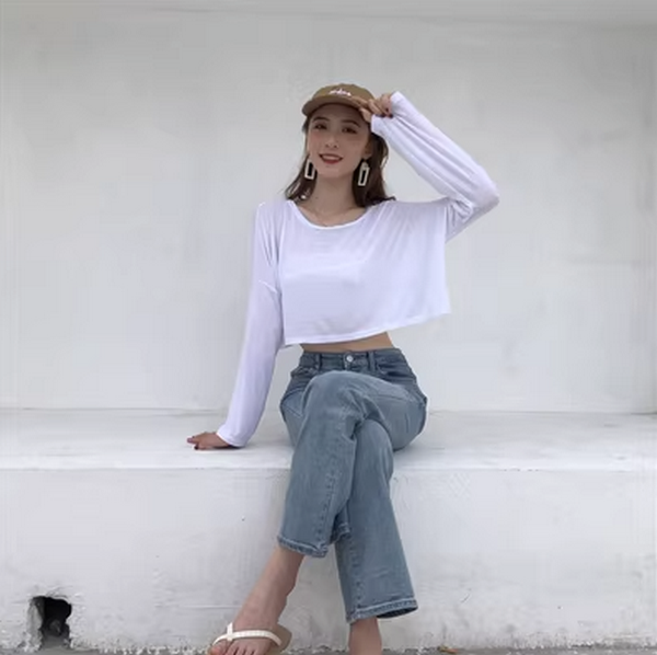 Cropped Loose Fit High-Waisted Waistless Long Sleeve T-Shirt (Sheer White) (Size: One Size)