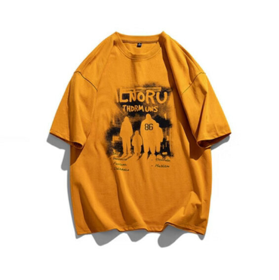 Retro graffiti print short sleeve T (orange) [M-4XL size] [Contact customer service to confirm the shipping size after placing an order]