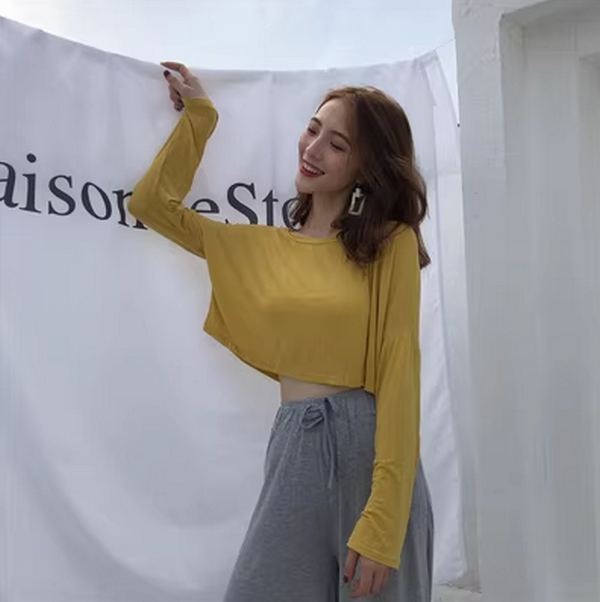 Cropped Loose Fit High-Waisted Waistless Long Sleeved T-Shirt (Bright Yellow) (Size: One Size)