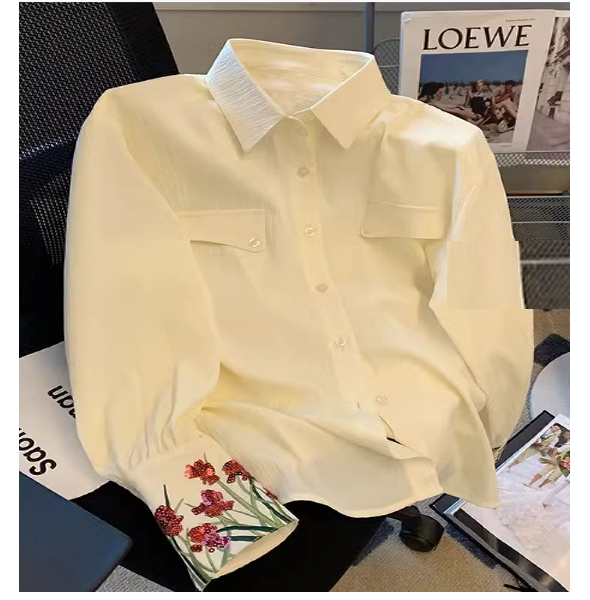 爆款長袖繡花襯衫(杏色 尺碼:S-3XL)(下單後請聯絡客服確認發貨尺碼)