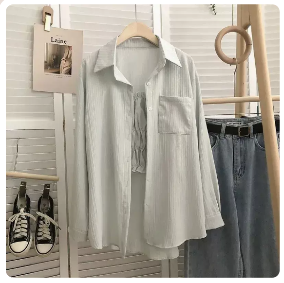 熱賣長袖紋理襯衫外套(水藍色 尺碼:S-3XL)(下單後請聯絡客服確認發貨尺碼)
