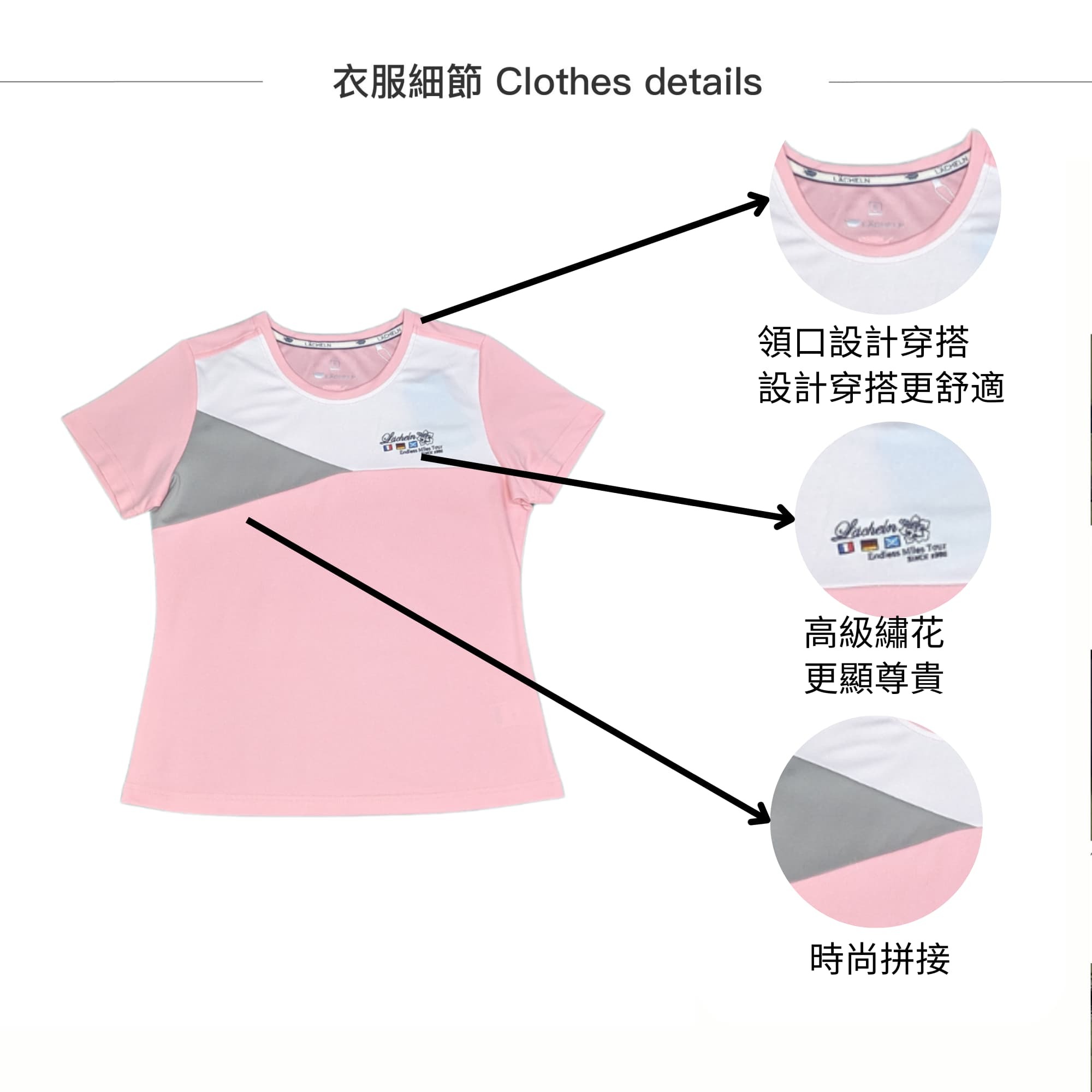 夏日必備!清爽透氣女剪接快乾圓領T服裝細節圖