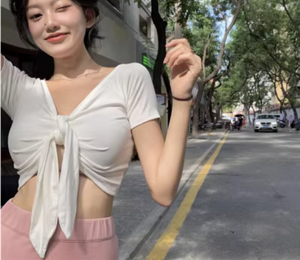 Tight Babes Sweet Cool Pure Lust Strappy Irregular Short Sleeve T-Shirt (White) (Size: One Size)