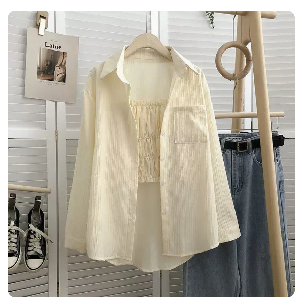 熱賣長袖紋理襯衫外套(杏色 尺碼:S-3XL)(下單後請聯絡客服確認發貨尺碼)