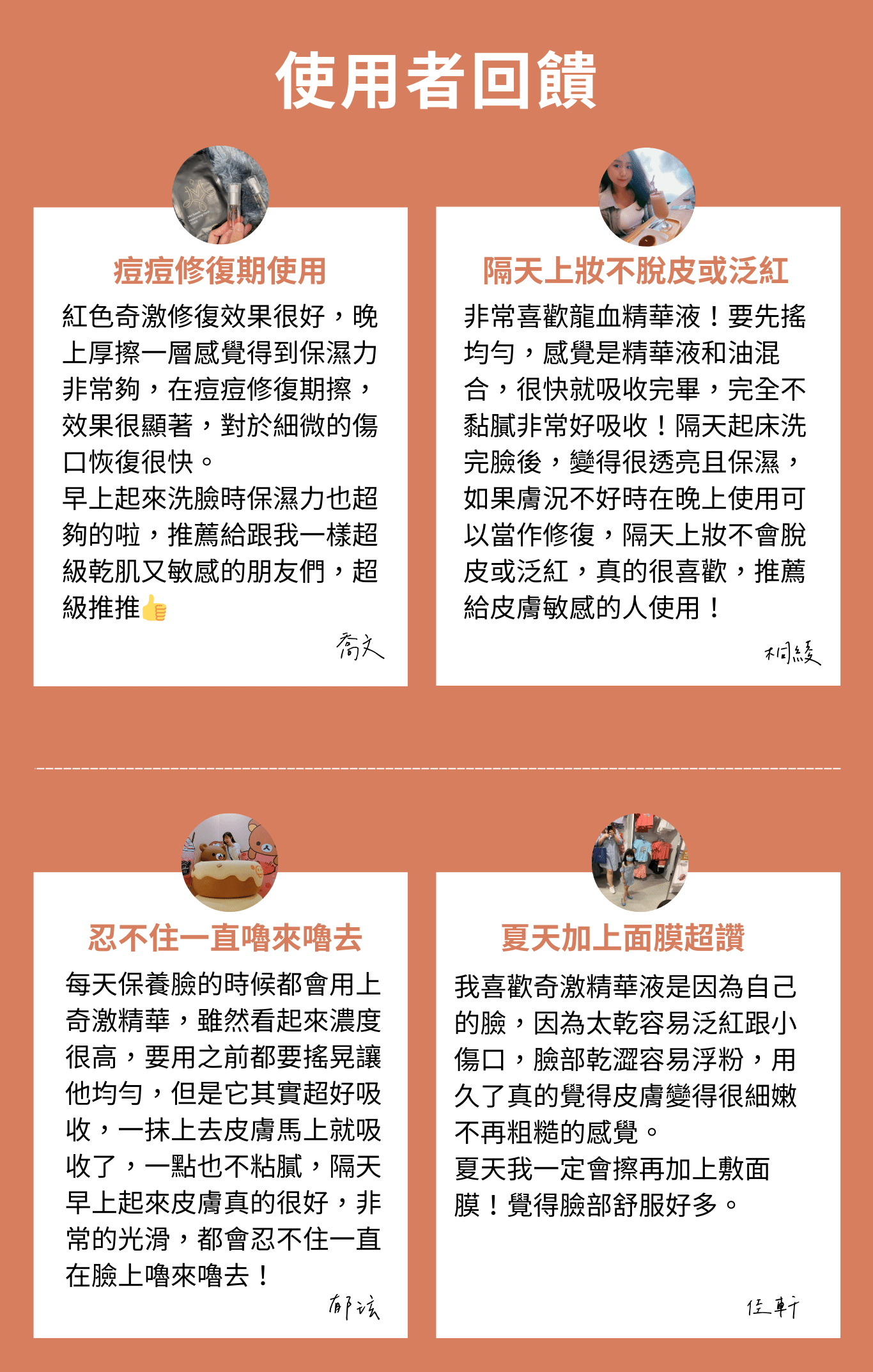 使用者回饋 痘痘修復期使用 紅色奇激修復效果很好，晚上厚擦一層感覺得到保濕力非常夠，在痘痘修復期擦，效果很顯著，對於細微的傷口恢復很快。 早上起來洗臉時保濕力也超夠的啦，推薦給跟我一樣超級乾肌又敏感的朋友們，超級推推👍  隔天上妝不脫皮或泛紅 非常喜歡龍血精華液！要先搖均勻，感覺是精華液和油混合，很快就吸收完畢，完全不黏膩非常好吸收！隔天起床洗完臉後，變得很透亮且保濕，如果膚況不好時在晚上使用可以當作修復，隔天上妝不會脫皮或泛紅，真的很喜歡，推薦給皮膚敏感的人使用！  忍不住一直嚕來嚕去 每天保養臉的時候都會用上奇激精華，雖然看起來濃度很高，要用之前都要搖晃讓他均勻，但是它其實超好吸收，一抹上去皮膚馬上就吸收了，一點也不粘膩，隔天早上起來皮膚真的很好，非常的光滑，都會忍不住一直在臉上嚕來嚕去！  夏天加上面膜超讚 我喜歡奇激精華液是因為自己的臉，因為太乾容易泛紅跟小傷口，臉部乾澀容易浮粉，用久了真的覺得皮膚變得很細嫩不再粗糙的感覺。 夏天我一定會擦再加上敷面膜！覺得臉部舒服好多。