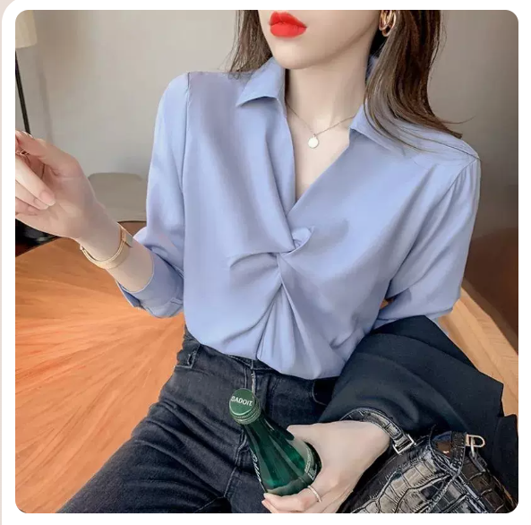 新款長袖褶皺襯衫(藍色 尺碼:S-3XL)(下單後請聯絡客服確認發貨尺碼)