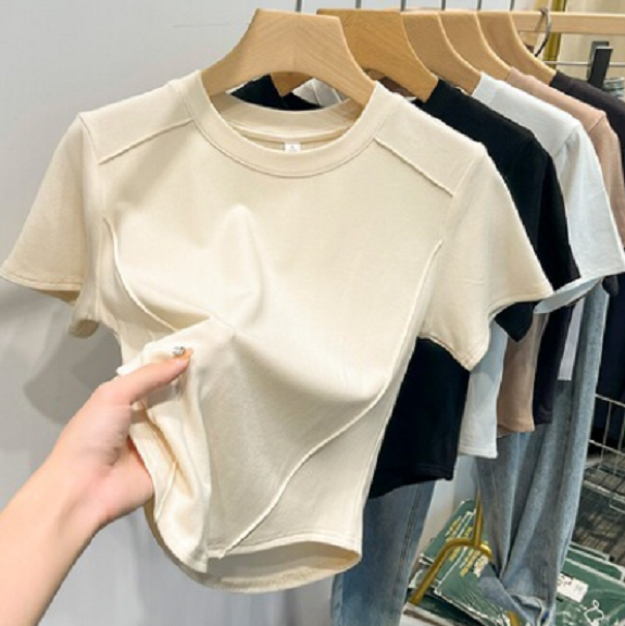 Foreign style shoulder short sleeve T-shirt (apricot high quality) (size: S-2XL) (contact customer service to confirm the shipping size after placing an order)