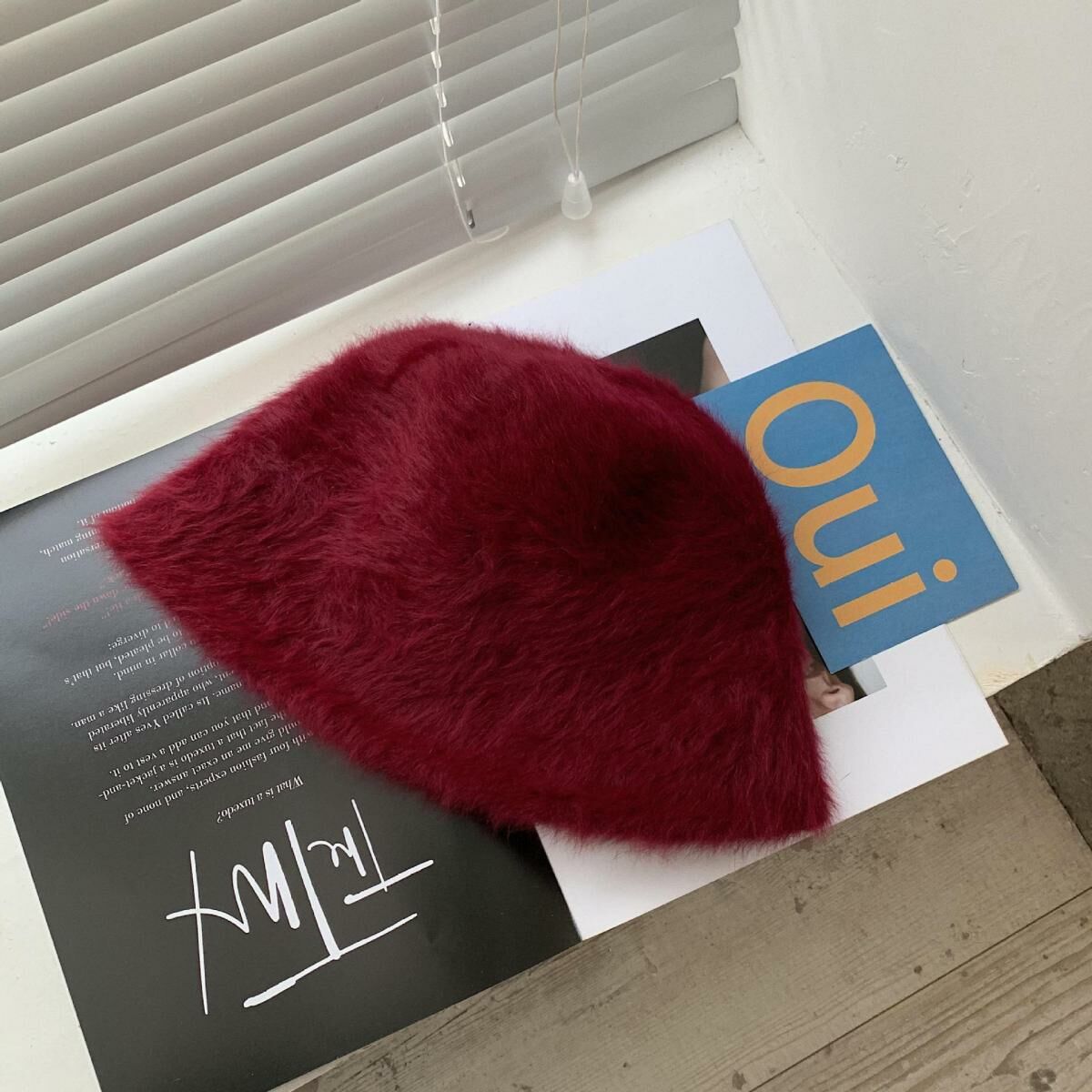 Hot selling versatile plush warm fisherman hat bucket hat (M (56-58cm) burgundy)