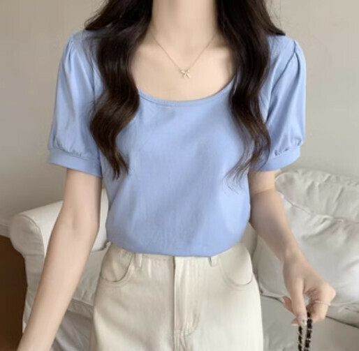 Korean Solid Color T-Shirt (Blue One-size-fits-all)