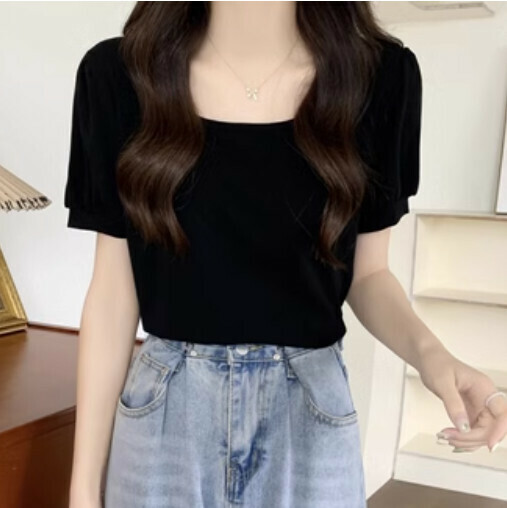 Korean version of solid color T-shirt (black one-size-fit-all)