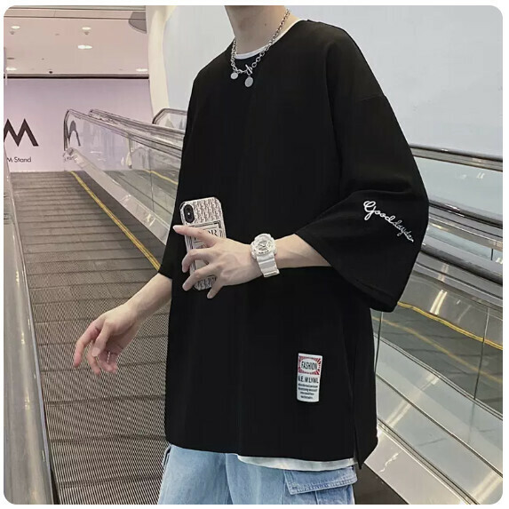 Men's T-shirt with three-quarter sleeves (black [size M_5XL] (contact customer service to confirm size after placing an order))