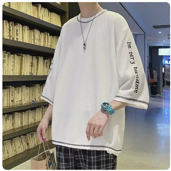 Men's T-shirt with cropped sleeves (T04 white [size M_5XL] (contact customer service to confirm size after placing an order))