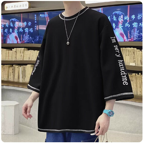 Men's T-shirt with cropped sleeves (T04 black [size M_5XL] (contact customer service to confirm size after placing an order))