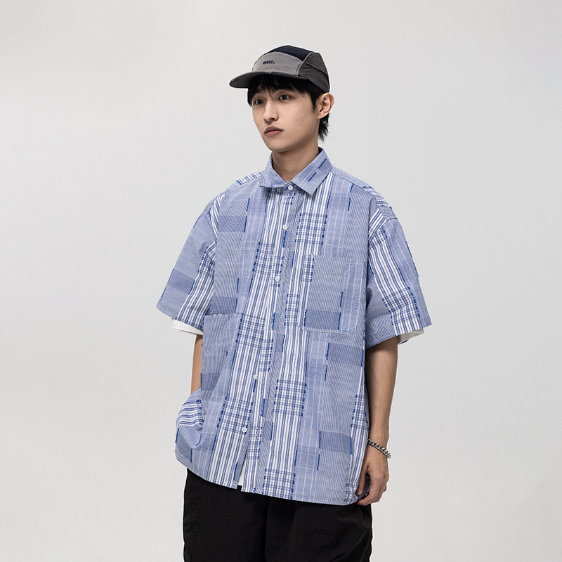 4M22 不對稱設計感撞色短袖襯衫 一色