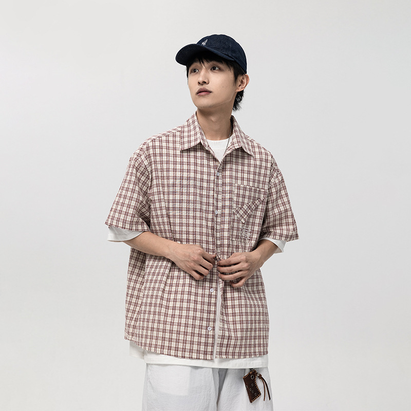4M21 復古感格紋撞色短袖襯衫 一色