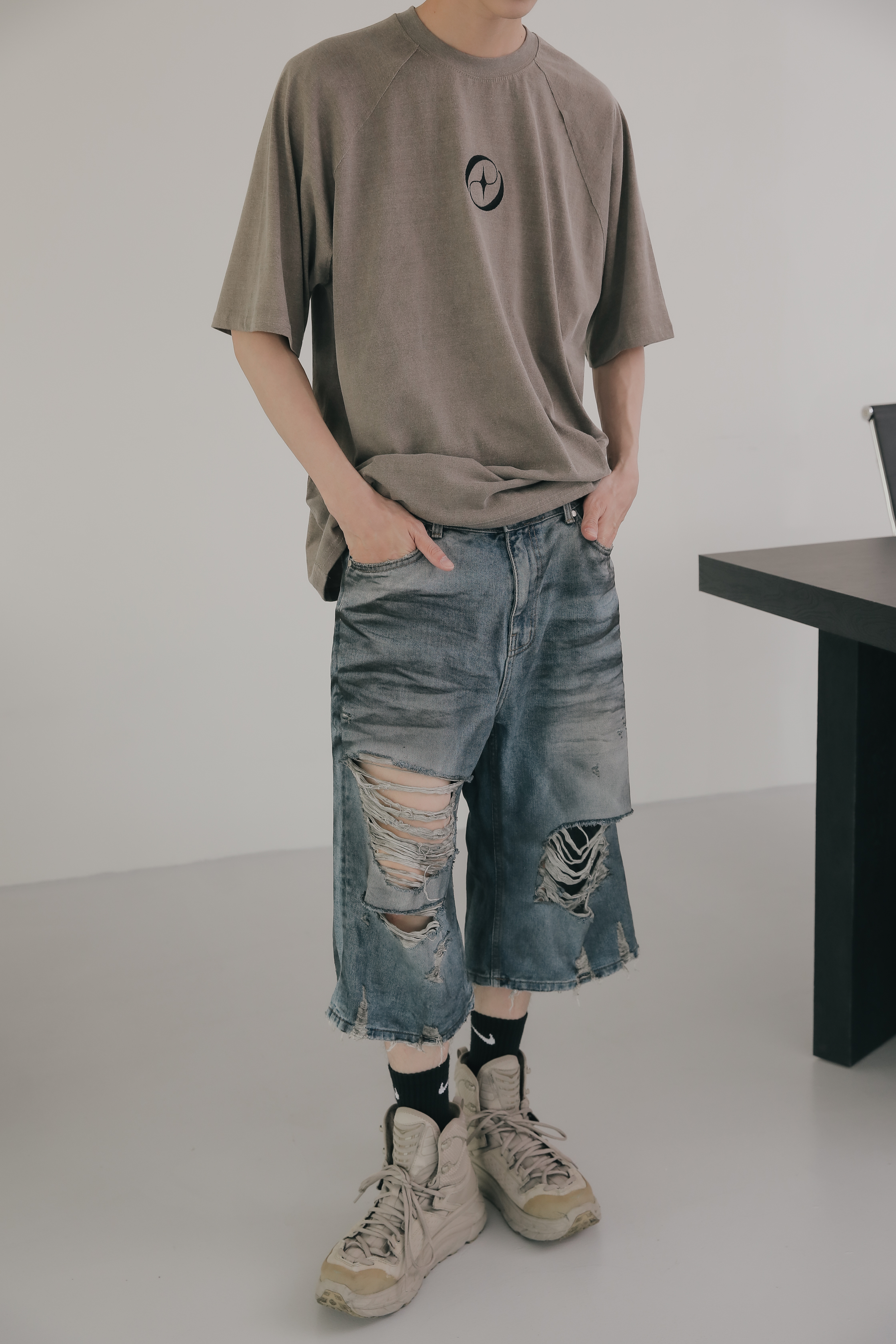 Bermuda Wide Rip Denim Shorts #短褲