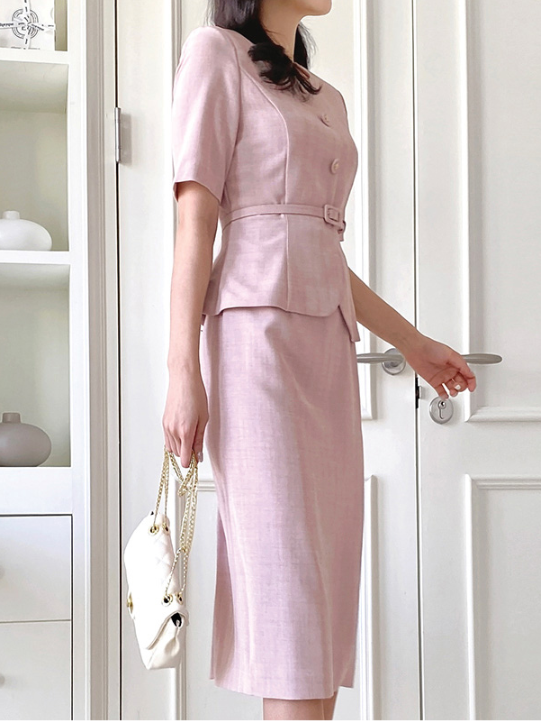 [現貨]Vera 優雅收腰短袖西裝洋裝 [ 粉色 / S ]