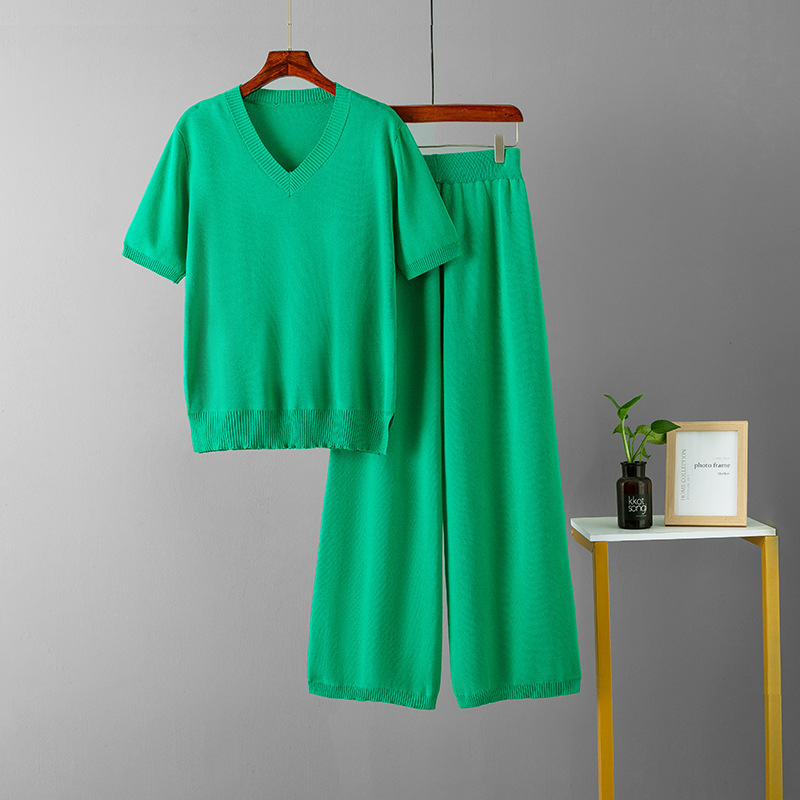 Temperament casual knitted sweater set (one size plus top + pants green)