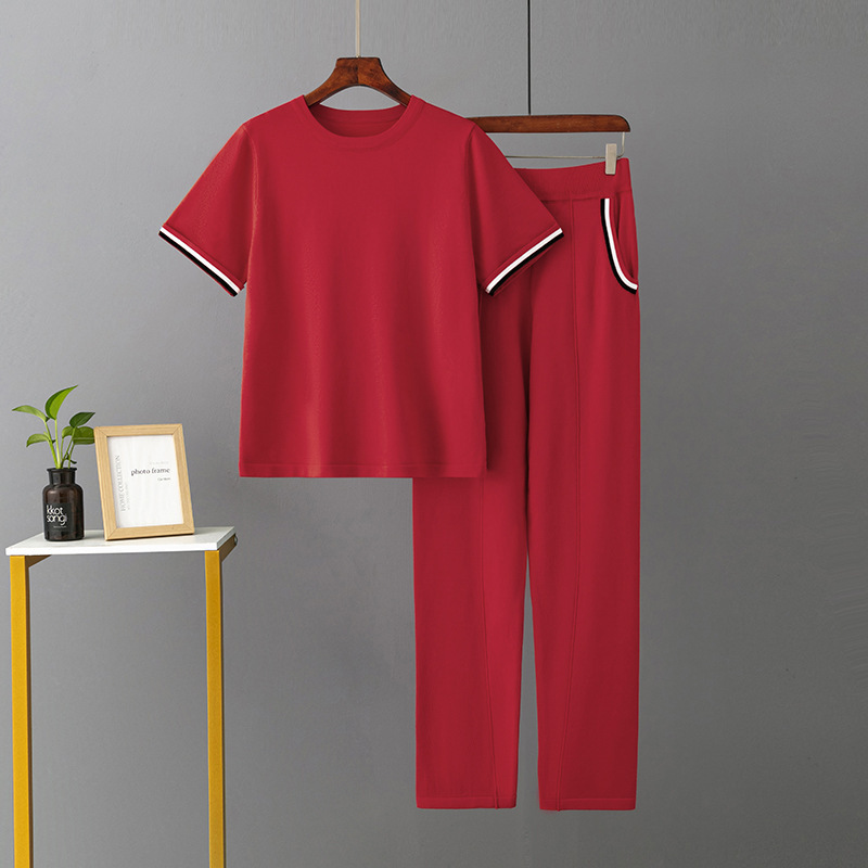 Temperament casual knitted sweater set (one-size-fits-all top + pants red)