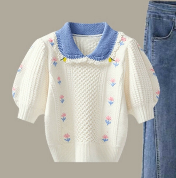 Temperament Girly Embroidery Knit Top#Single Piece (White) (M-4XL Size) (Contact customer service to confirm size after placing an order) 