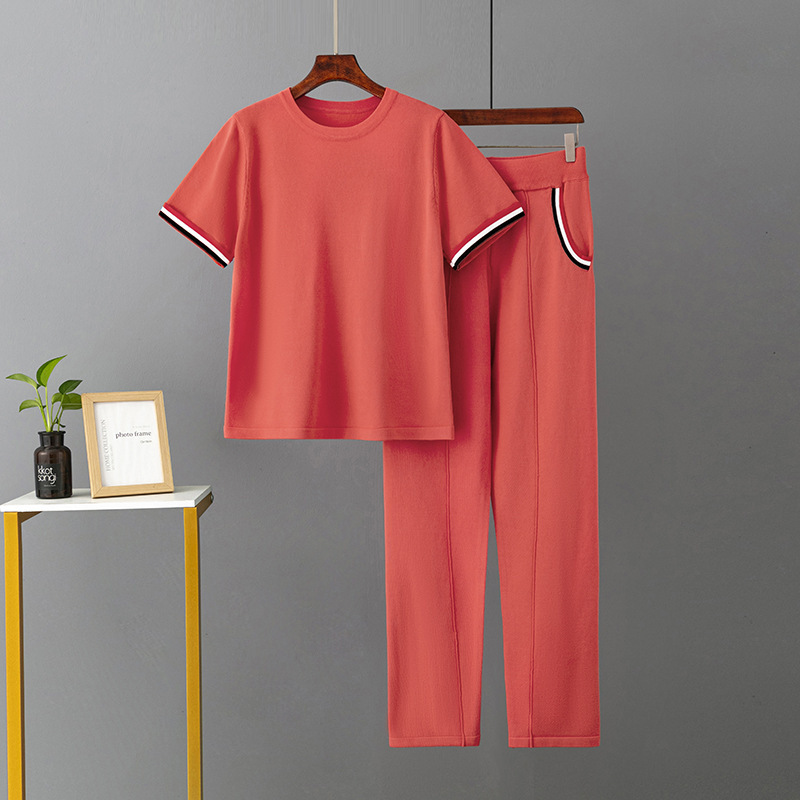 Temperament casual knitted sweater set (one-size-fits-all top + pants light red)