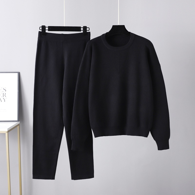Temperament casual knitted sweater set (one-size-fits-all top + pants black)