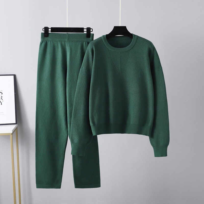 Temperament casual knitted sweater set (one size plus top + pants green)