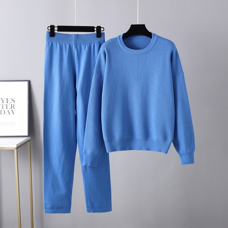 Temperament Casual Knitted Sweater Set (One-size-fits-all Top + Pants Blue)